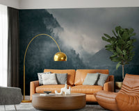 Wall mural, ethereal fog, somber woodland, steep slopes, nature scenery.