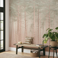 The composition is a repeating pattern of vertical tree trunks.

