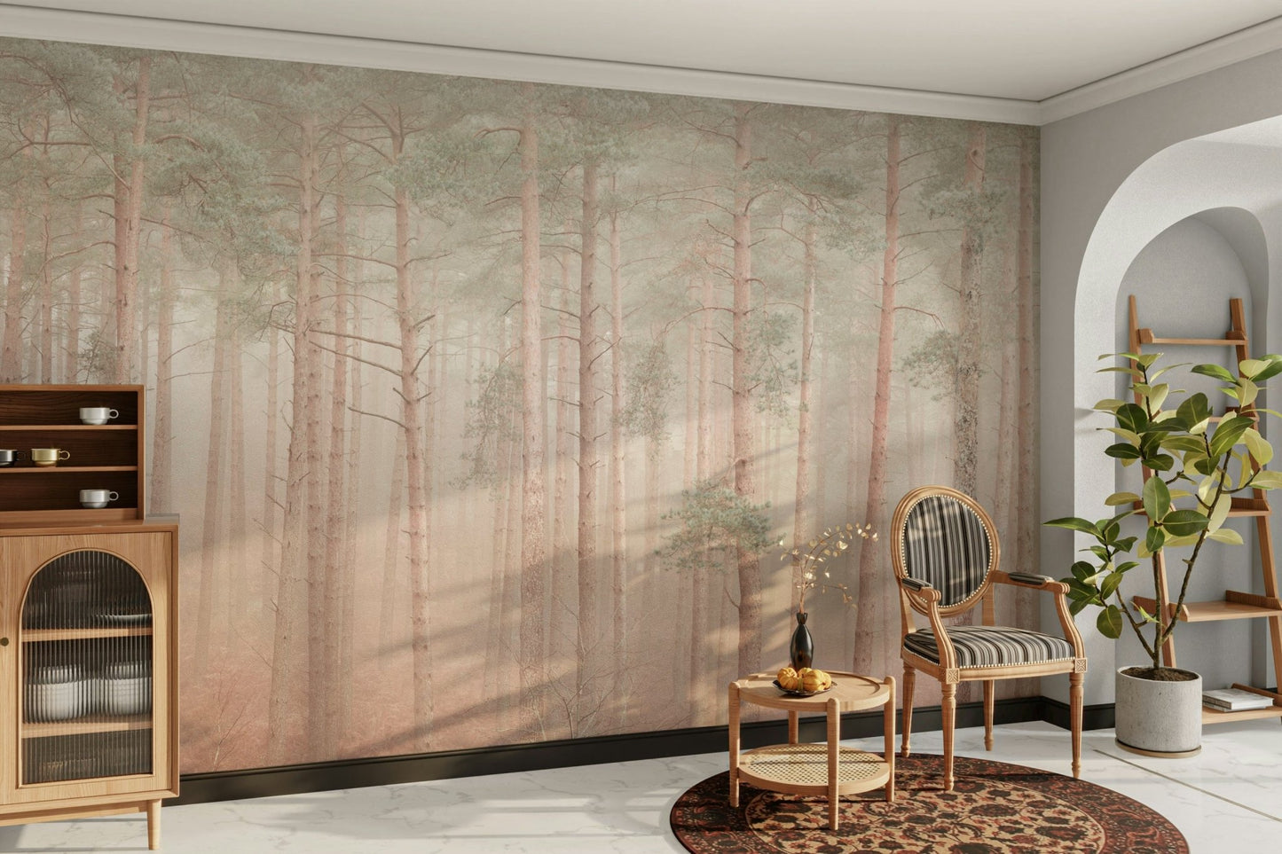 A wall mural of a misty woodlands scene.

