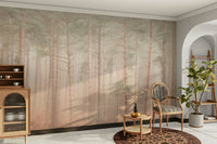 A wall mural of a misty woodlands scene.

