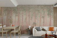 The image shows a dense forest of tall, slender trees.

