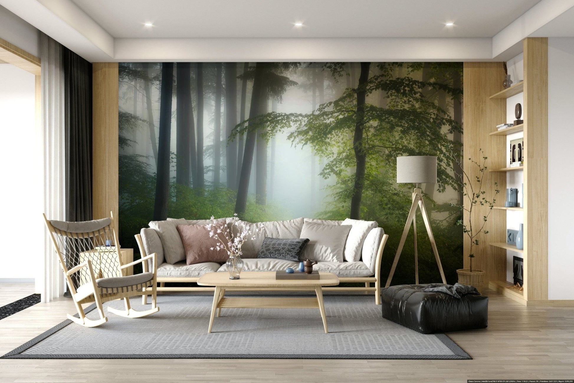Lush woodland wall mural enhances cozy lounge interior