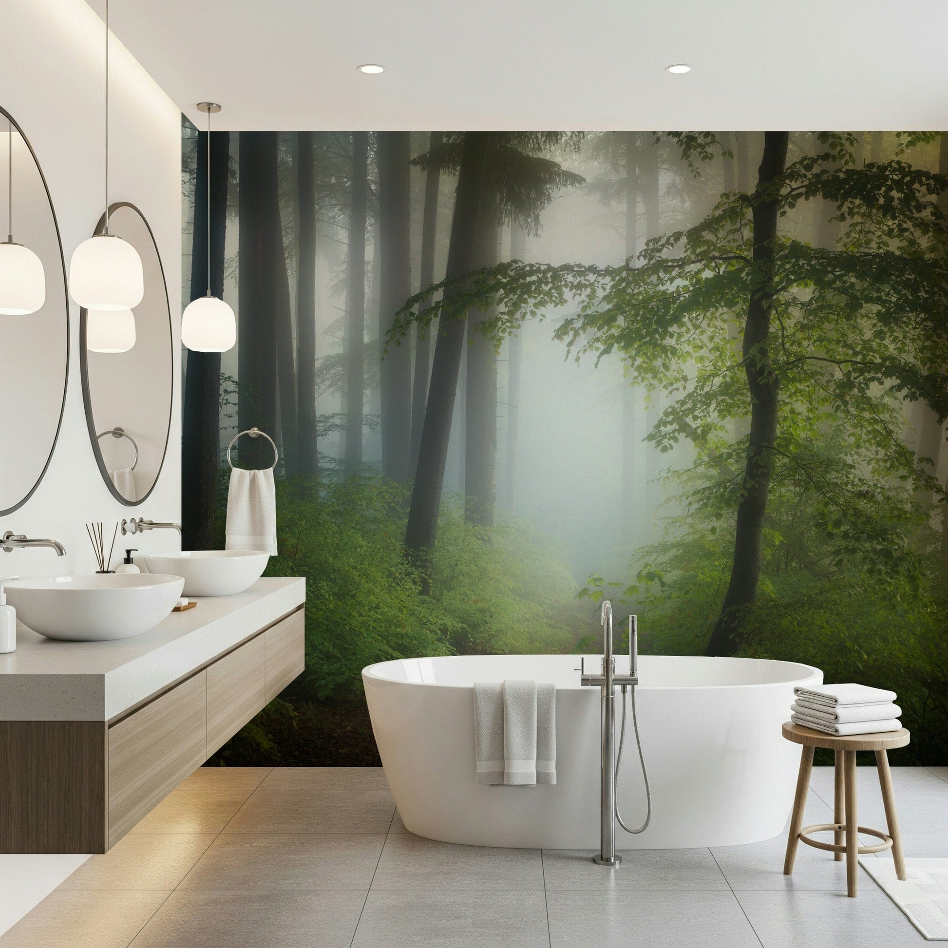 Nature trail wall mural refreshes luxury bathroom wall
