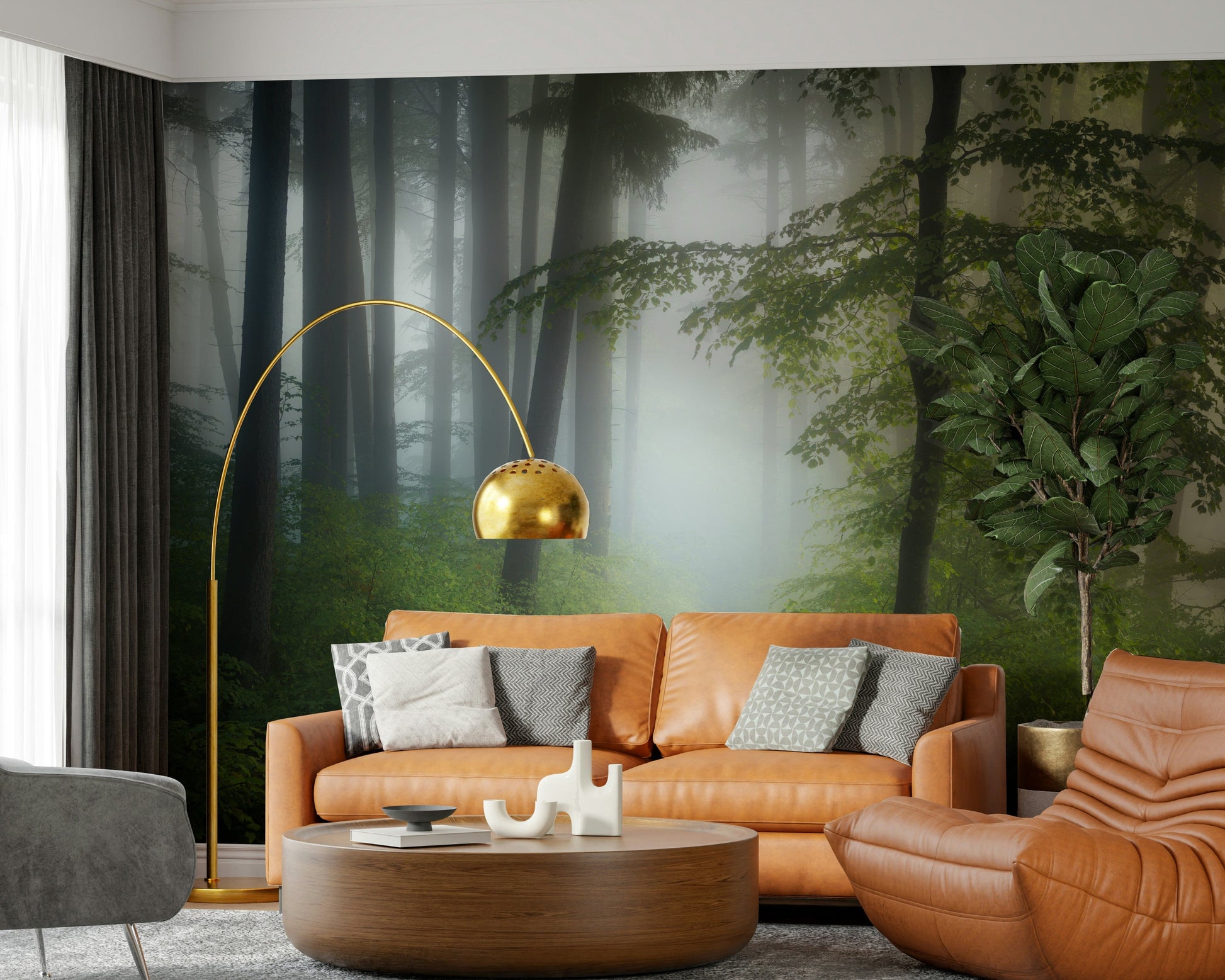 Tranquil Misty Woods setting, quiet forest pathway room mural design.