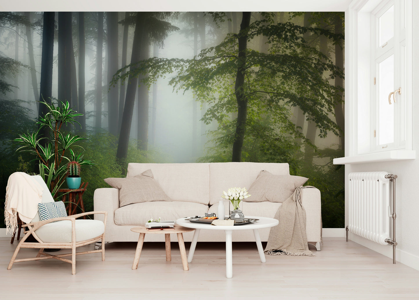 Deep Misty Woods Escape trail, lush greenery scenic landscape wallpaper.