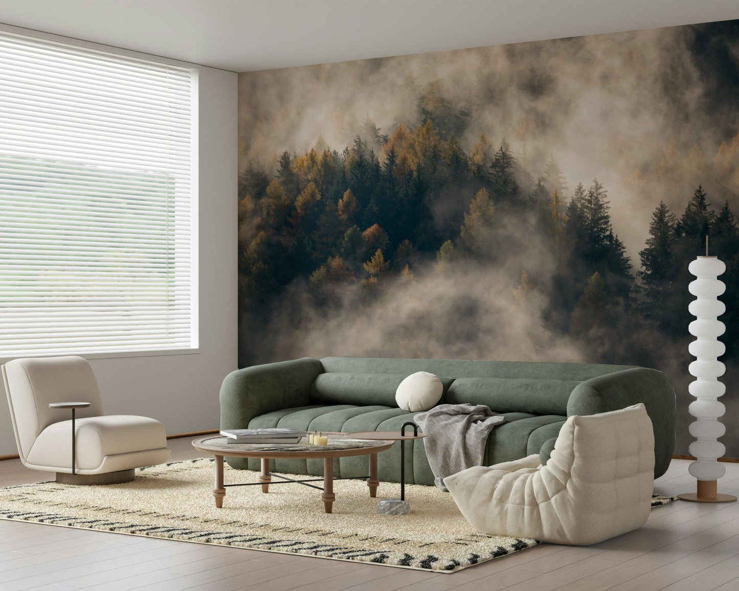 Monochrome light hues for Misty Woods Serenity unique wallpaper.