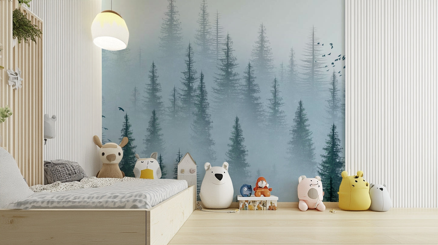 Ethereal woodland scene with soft mist