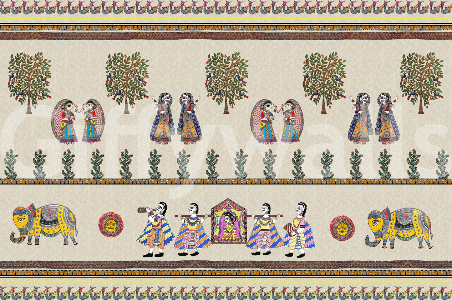 Artistic Mithila wall mural with nature-based motifs