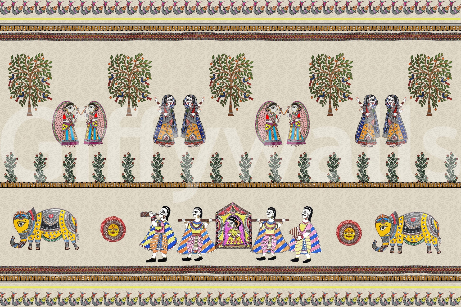 Artistic Mithila wall mural with nature-based motifs
