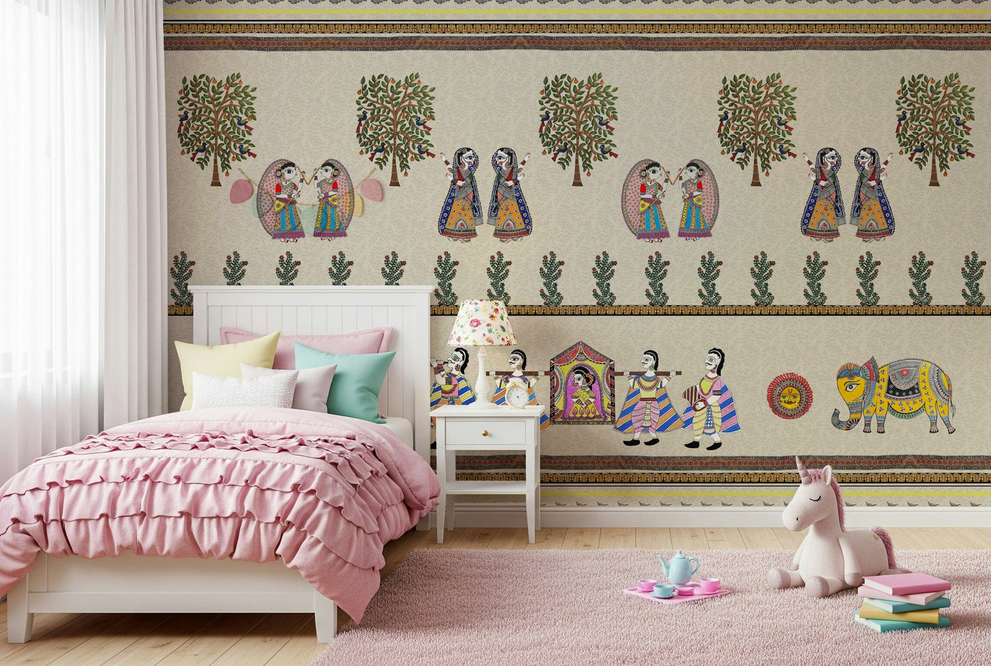 Mithila Majesty mural showing floral and geometric patterns