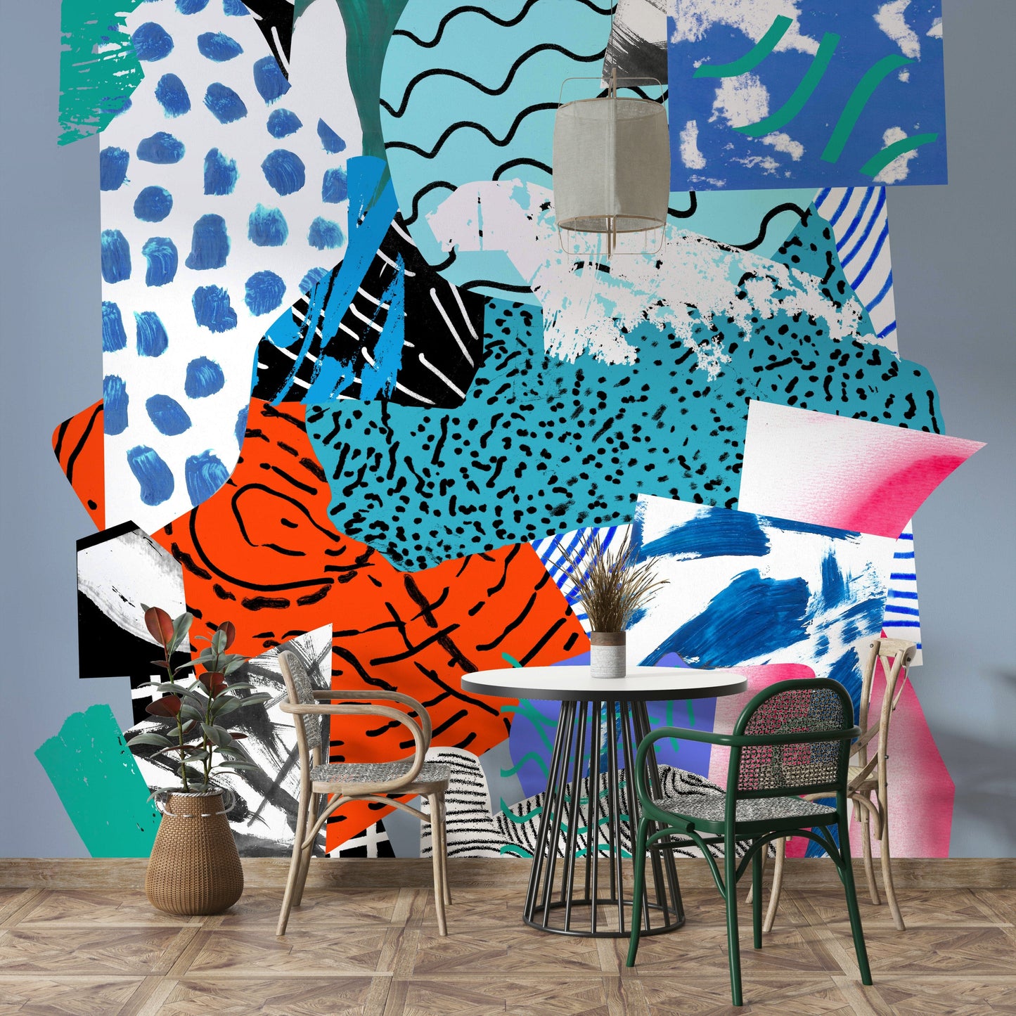 A peaceful abstract pattern mural on decorative wallpaper.

