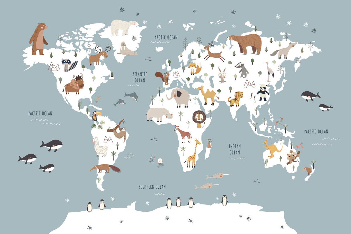 Blue Animals Map Wallpaper Mural in your room