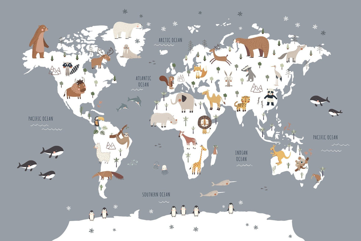 Cartoon Animals World Map Wallpaper Mural in your room