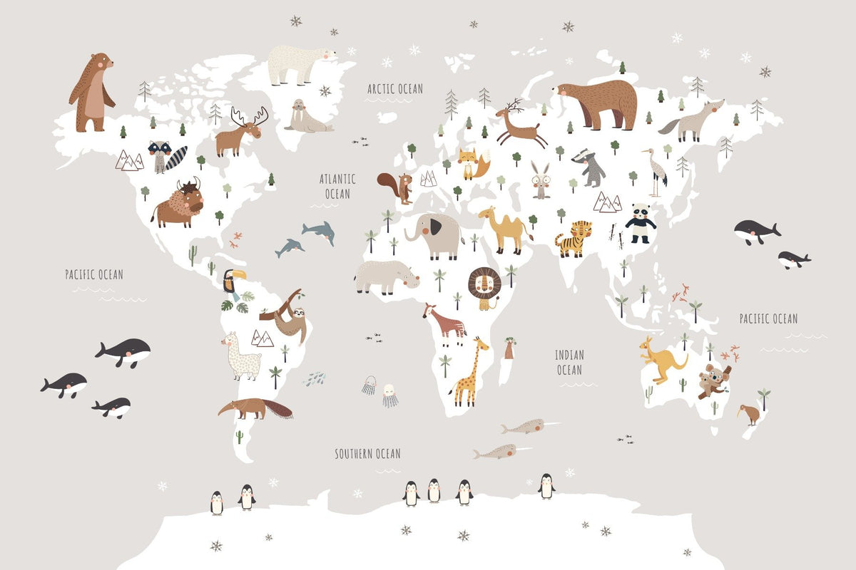 Gray Animals Map Wallpaper Mural in your room