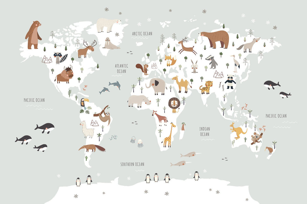 Cute Animals World Map Wallpaper Mural in your room