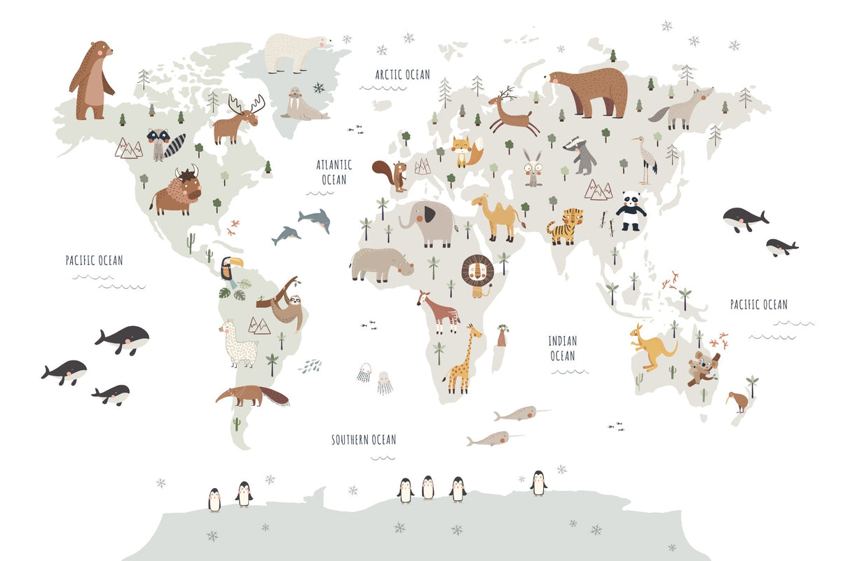 White Animals Map Wallpaper Mural in your room