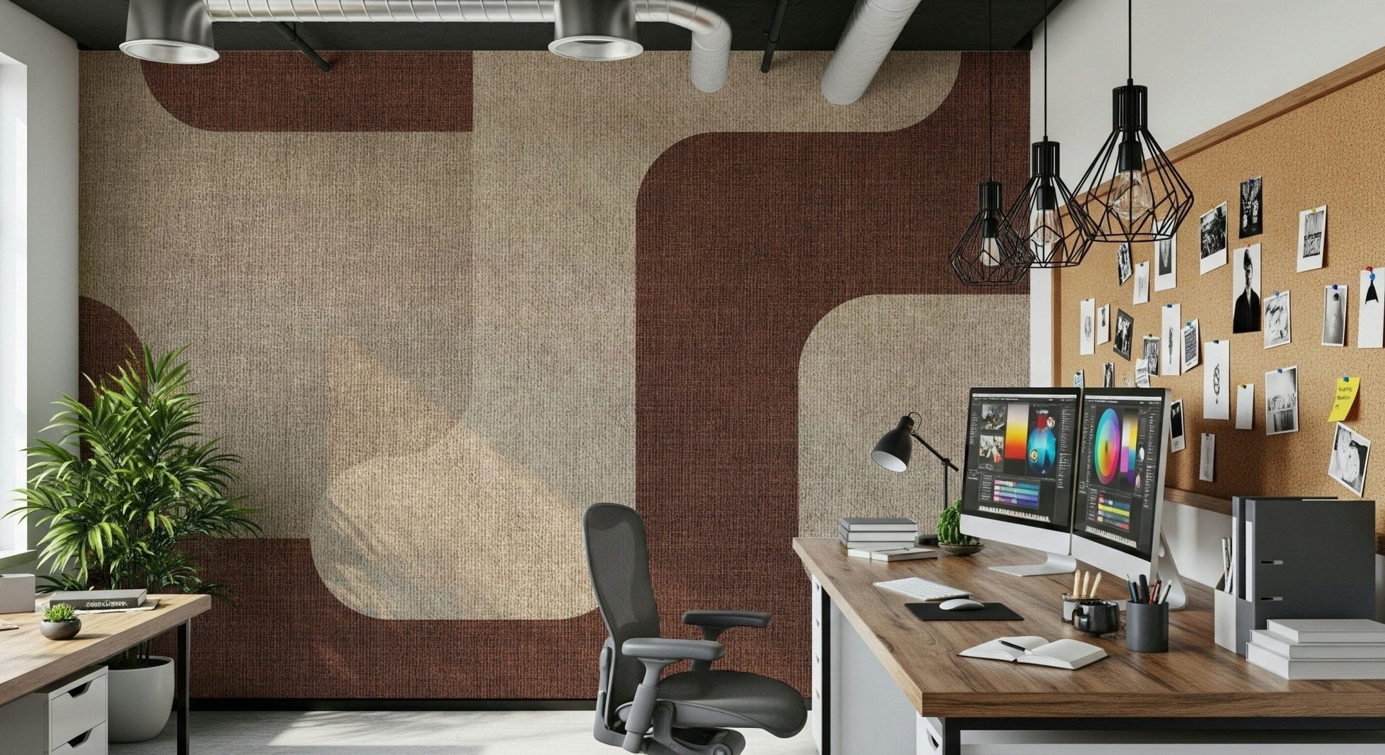 Mocha abstract motifs cover this contemporary wall mural.