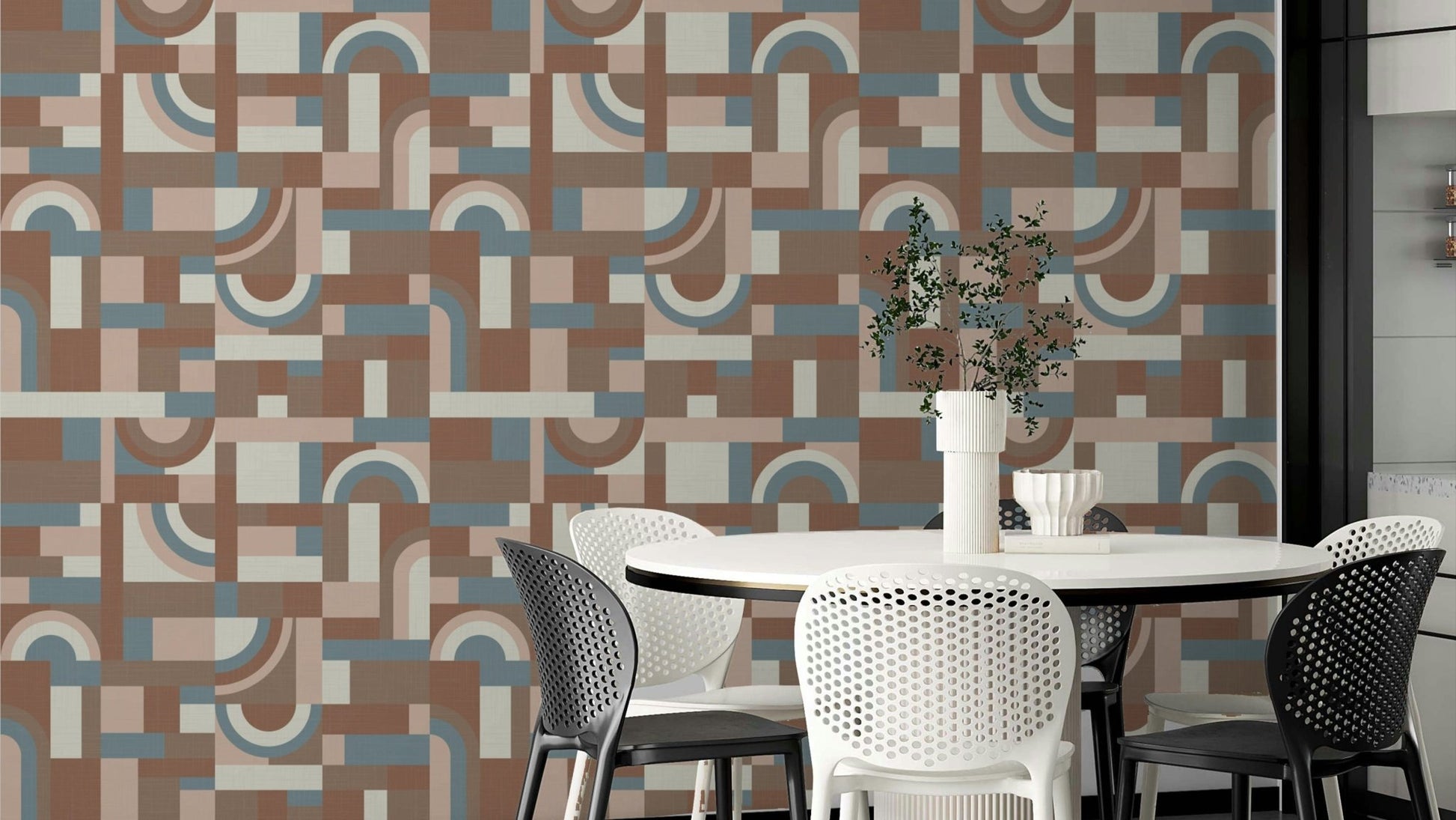 The image shows a full wall with flowing, fluid shapes.

