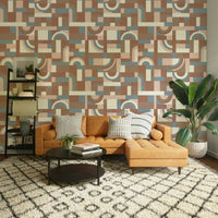 The wallpaper is installed in a modern, elegant living room.

