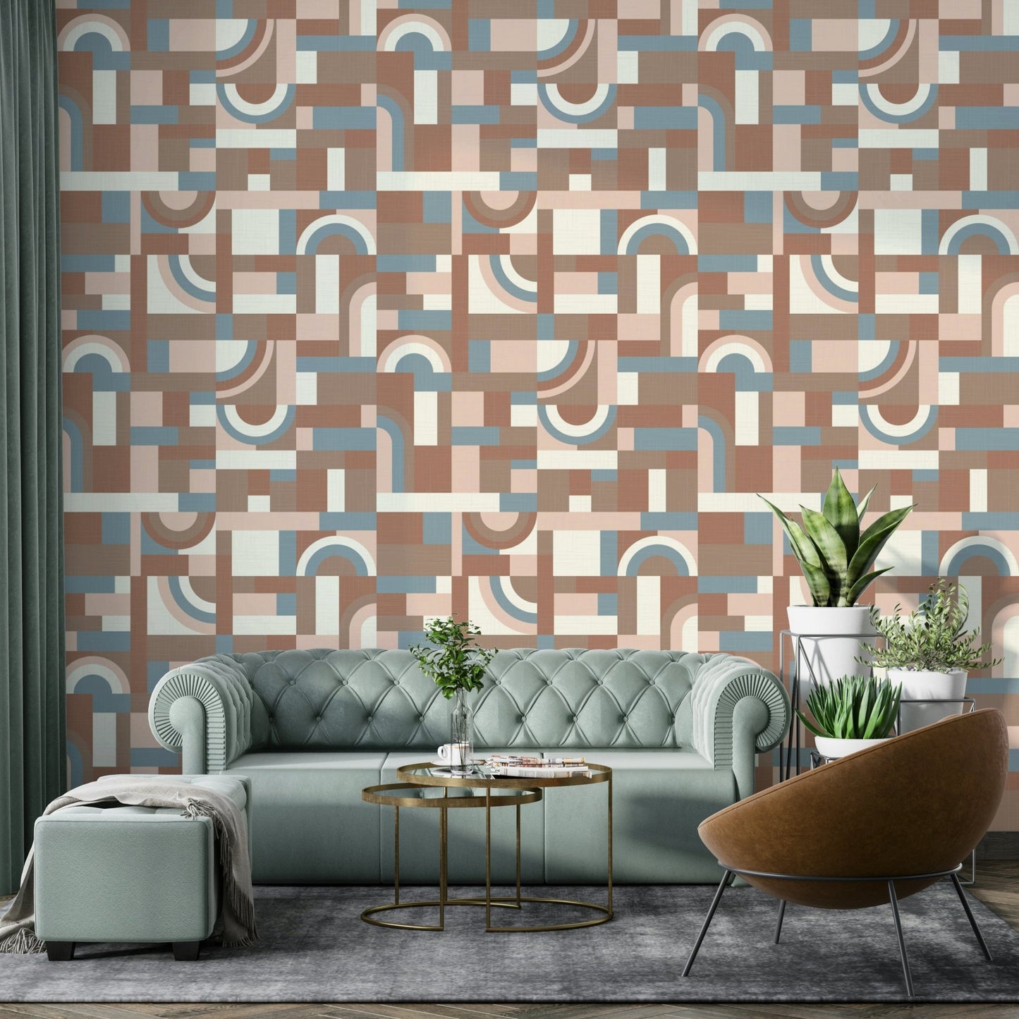 The mural extends across the entire wall, creating a clean backdrop.

