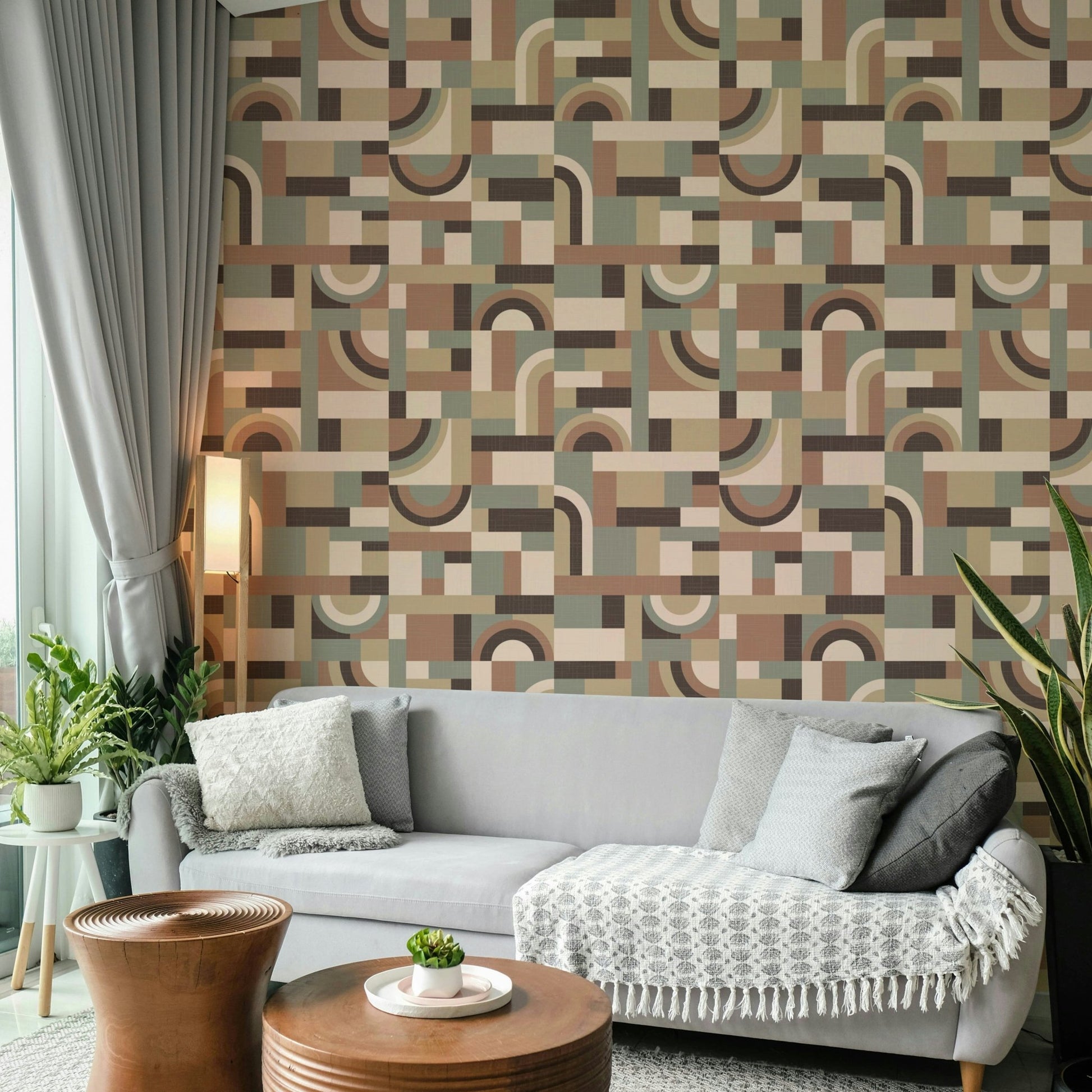 The wallpaper is installed in a modern, elegant living room.

