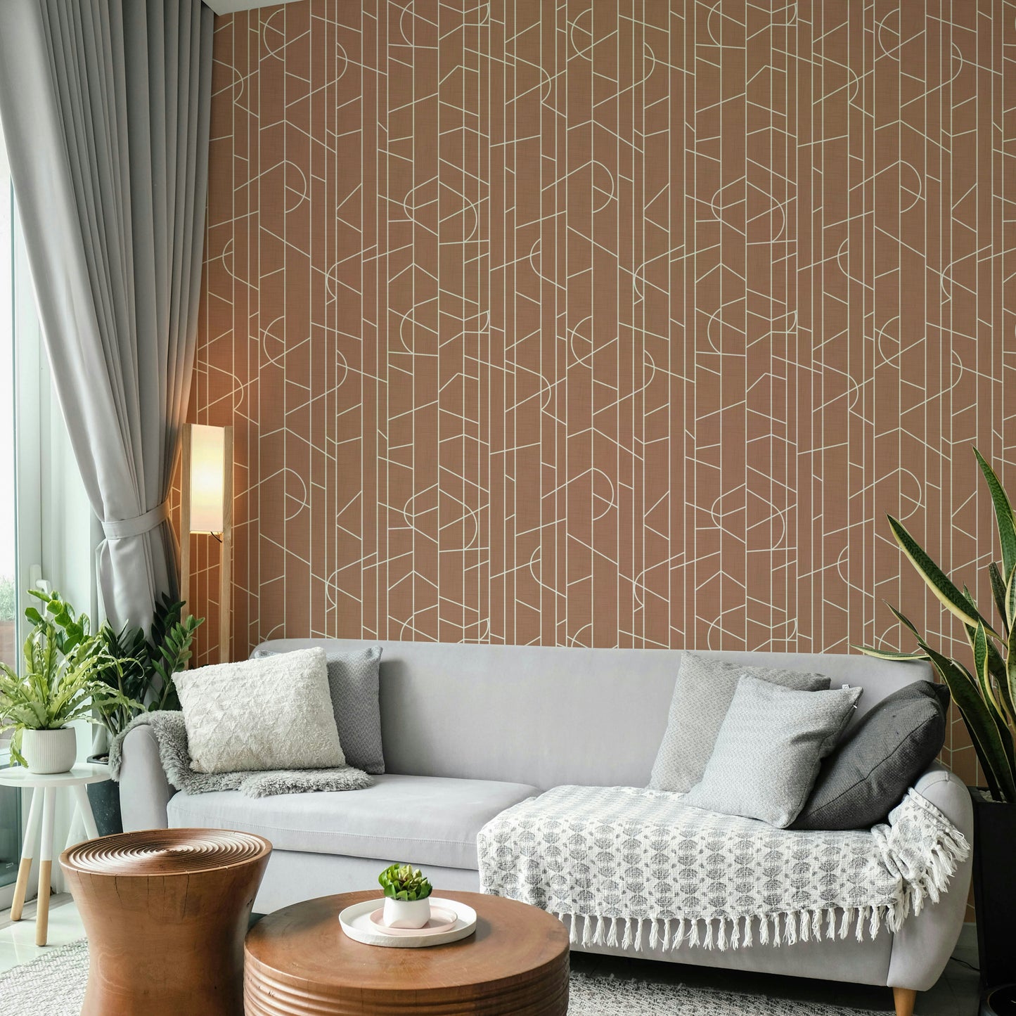 Bedroom with mocha canvas-style mural wallpaper

