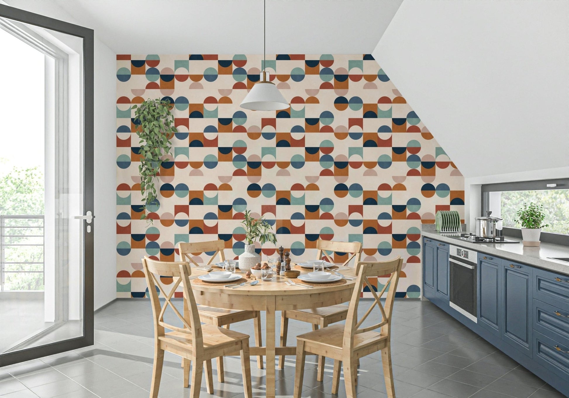 Color block geometric wallpaper in teal