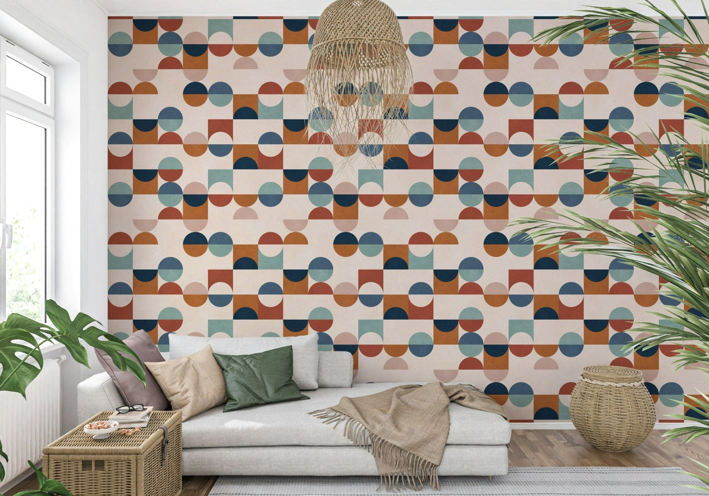 Geometric retro wallpaper in blue and rust