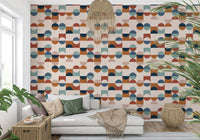 Geometric retro wallpaper in blue and rust