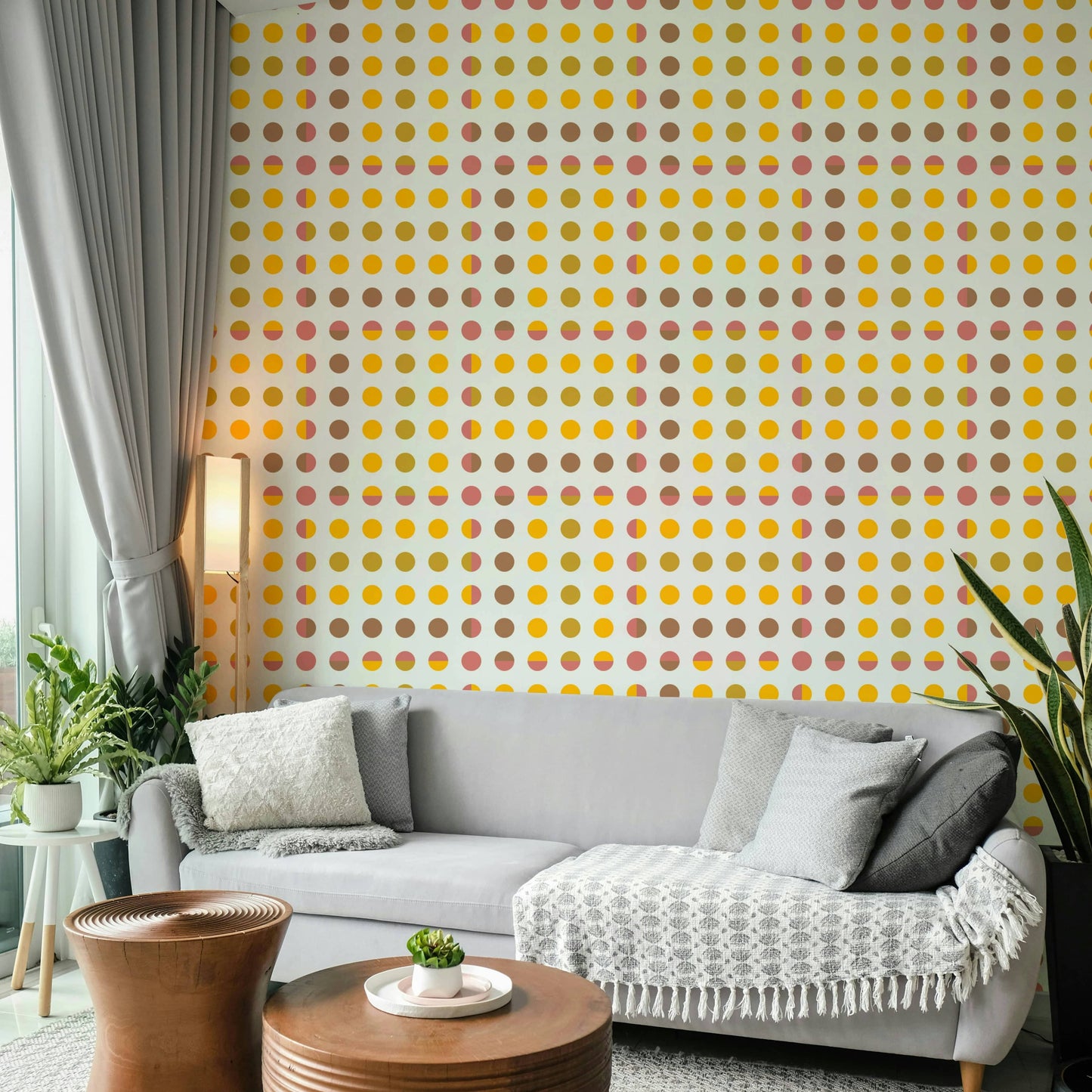 Symmetrical dot mural used as a professional backdrop for a home office.