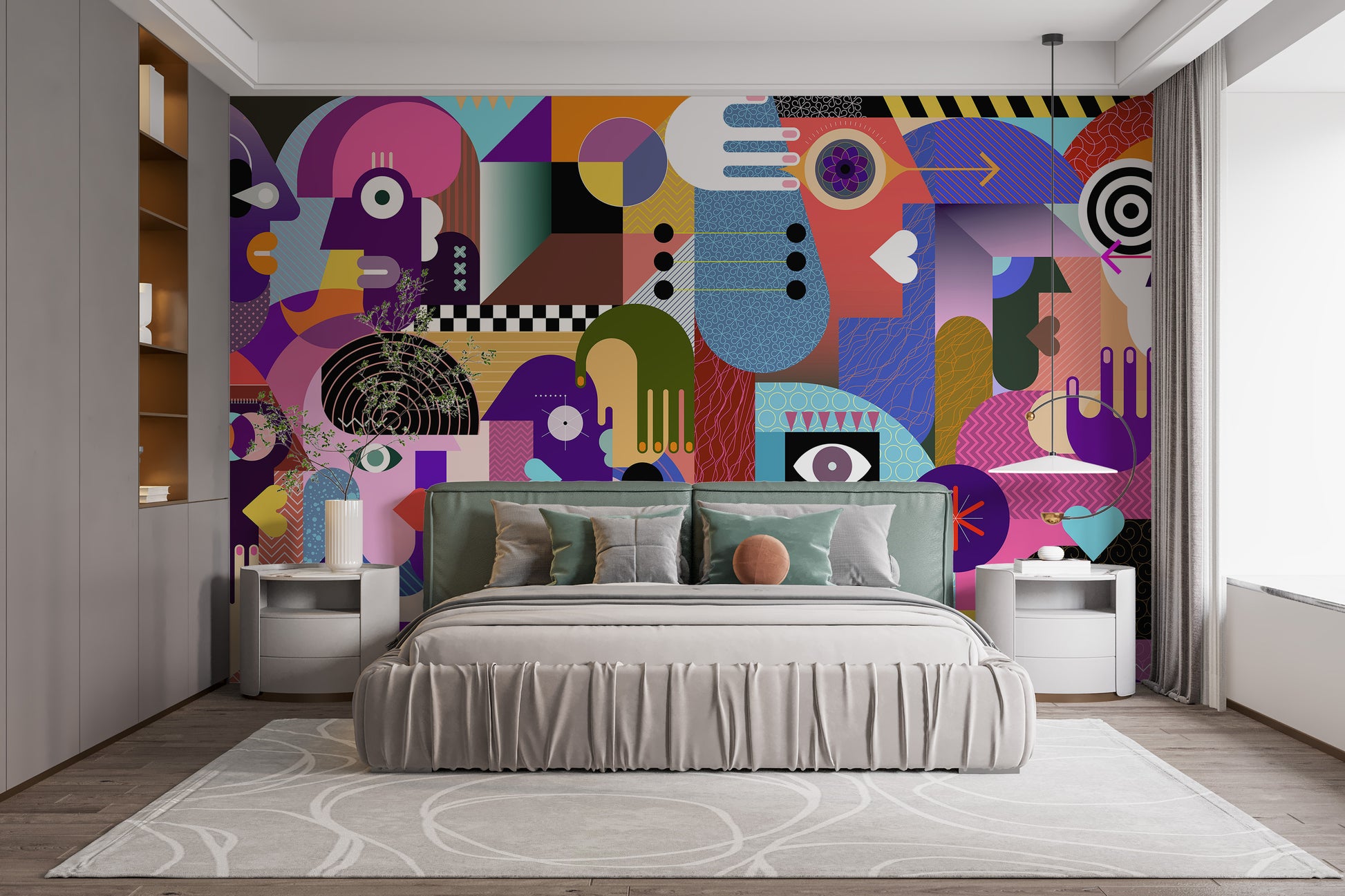 Modern Abstract Faces wallpaper mural of colorful cubist faces and eyes behind a sage green headboard bed