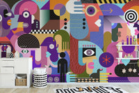 Modern Abstract People Collage wallpaper mural of bold geometric figures above a white dresser in a child's room