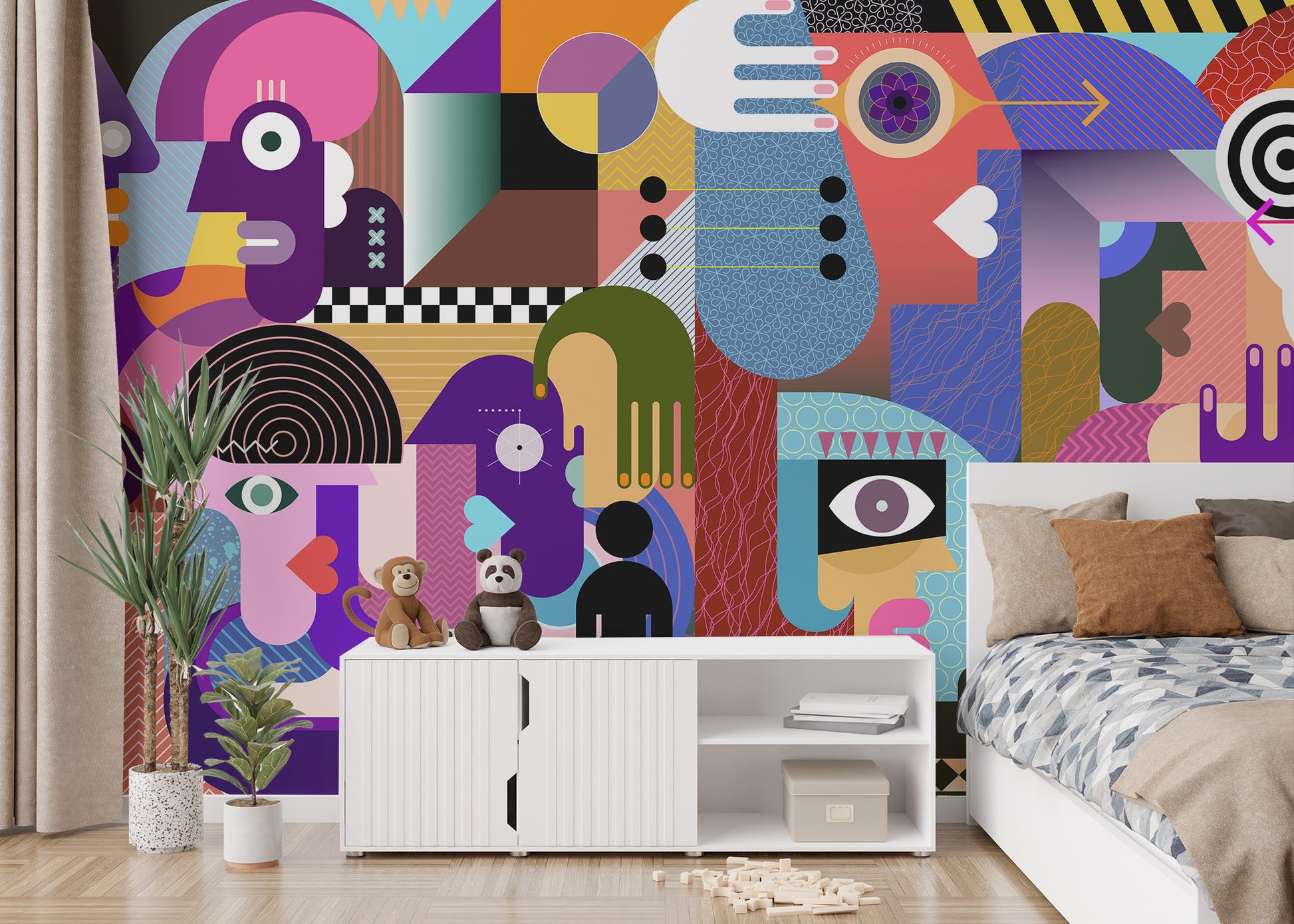 Modern Abstract People Collage wallpaper mural in a kids bedroom behind a white bed and toy-topped console