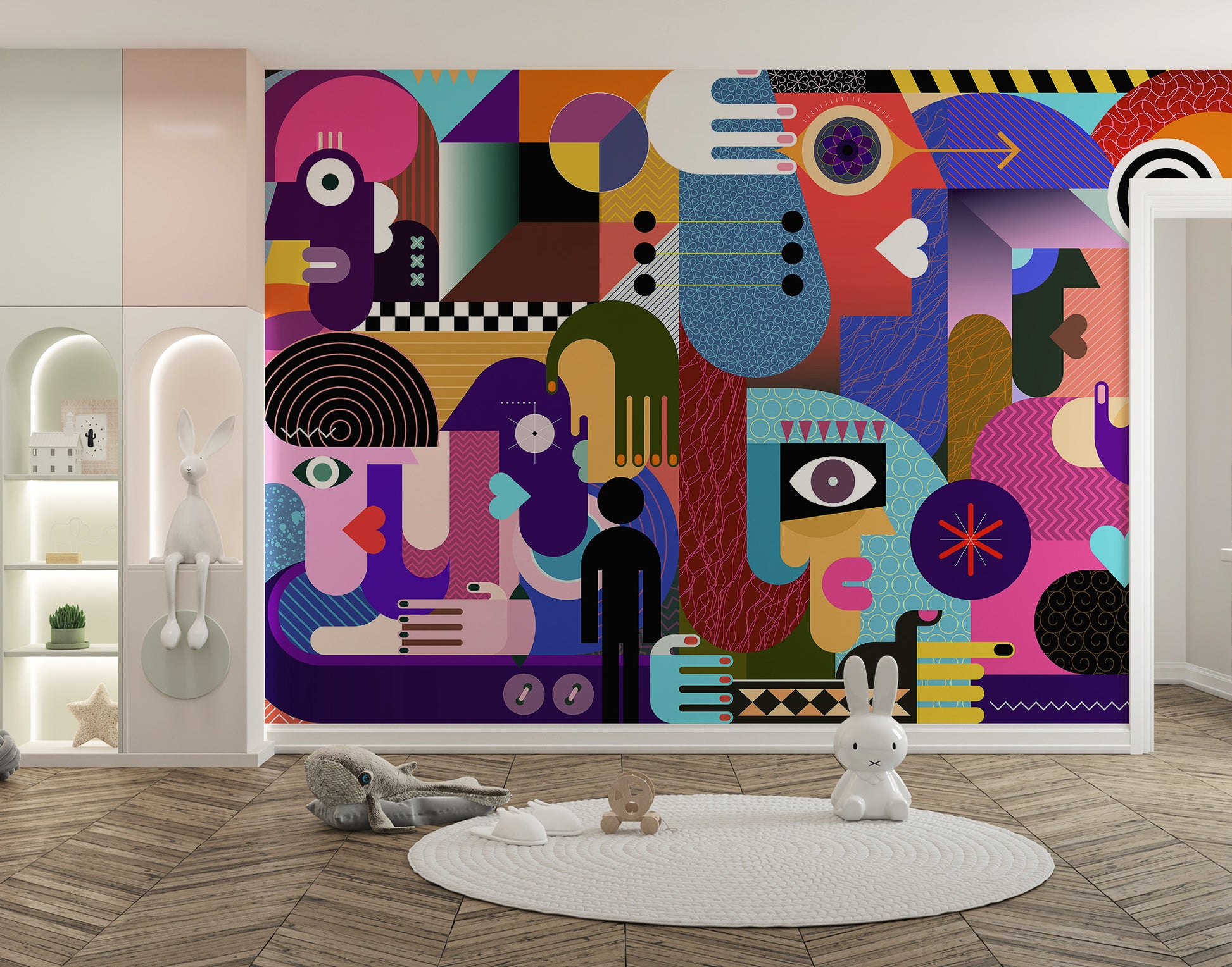 Modern Abstract People Collage wallpaper mural of colorful cubist faces in a kids room with a round rug and plush toys
