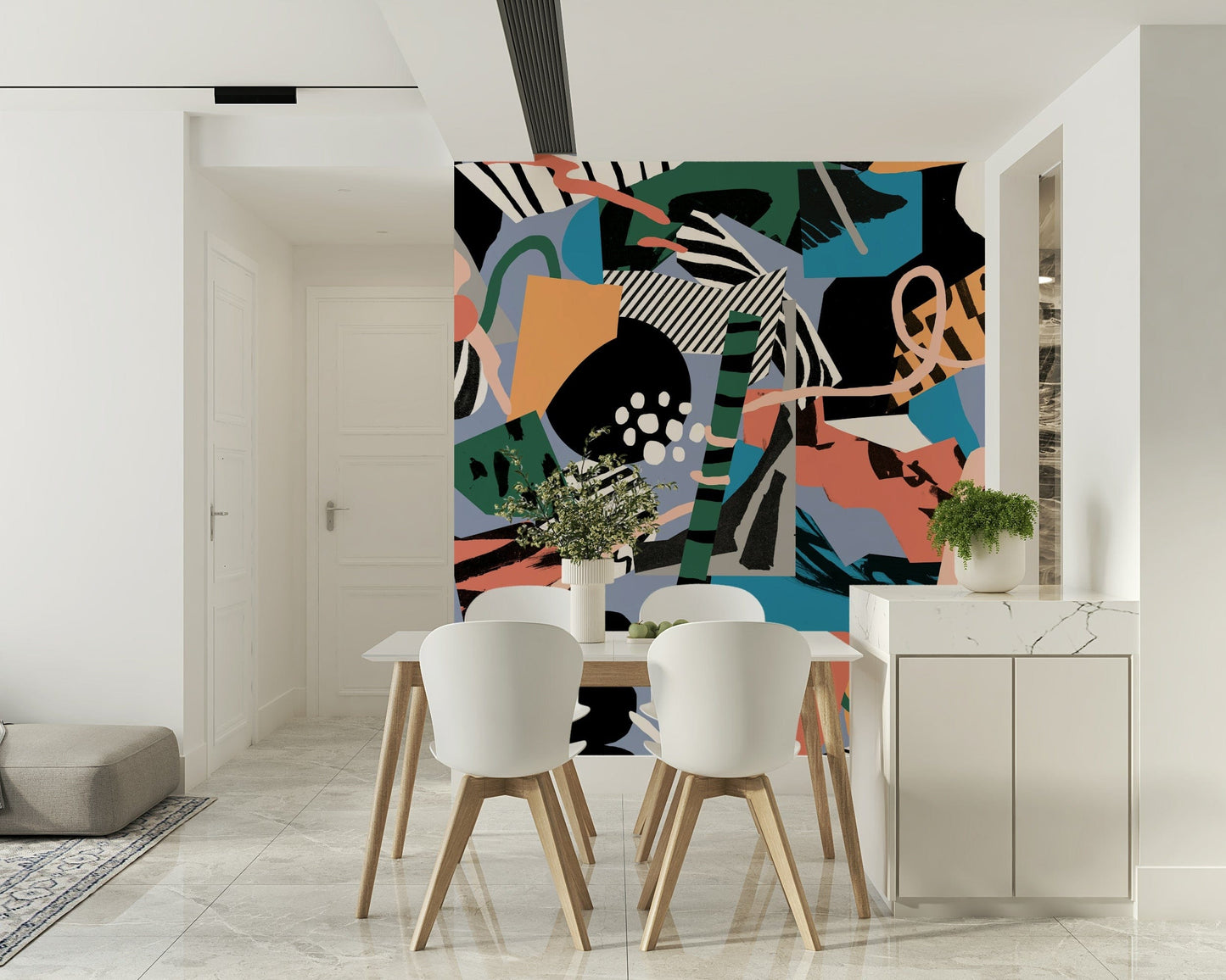 A peaceful geometric abstract mural on decorative wallpaper.

