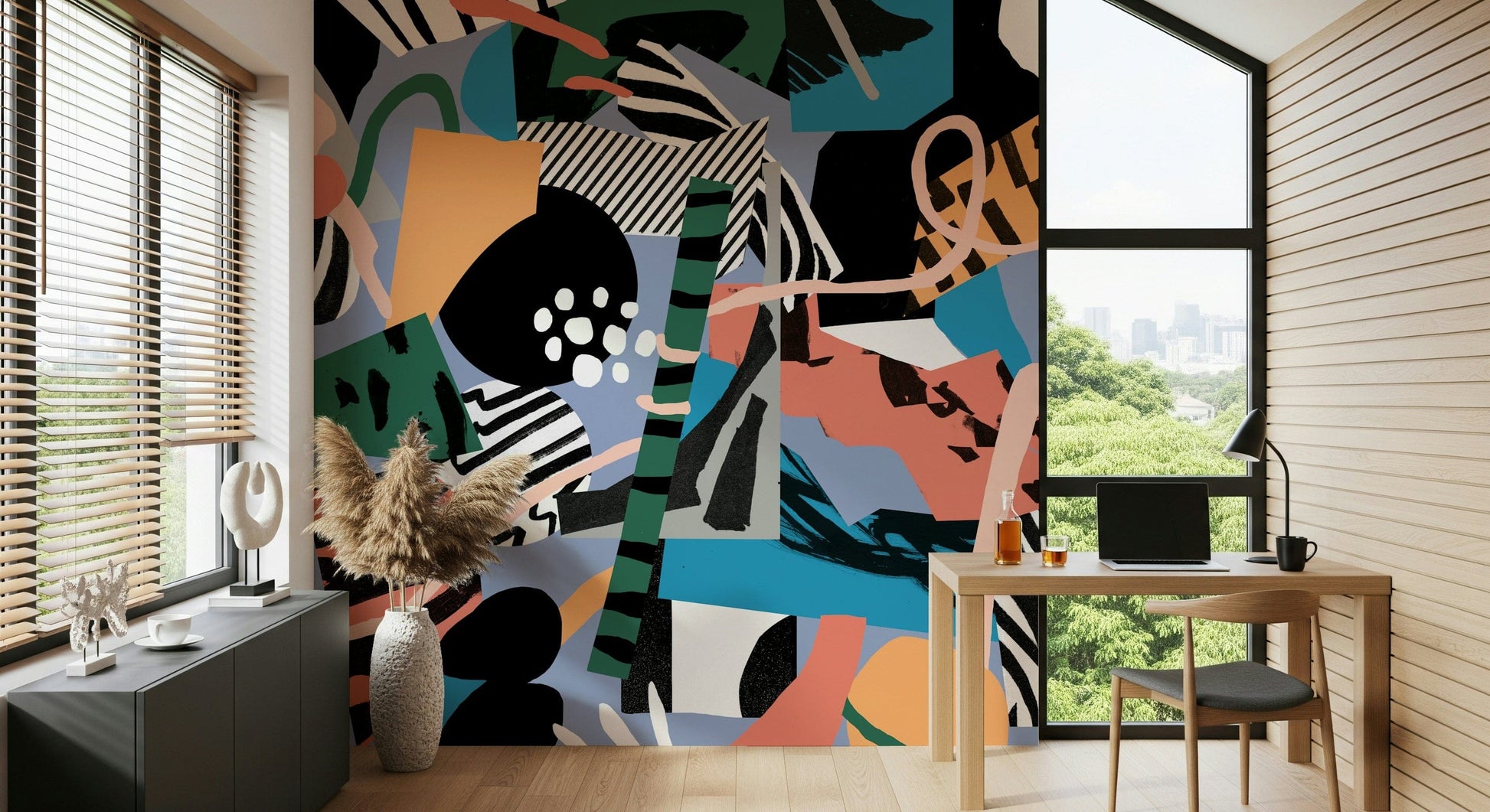 A graceful subtle geometric wall mural in cool, natural tones.

