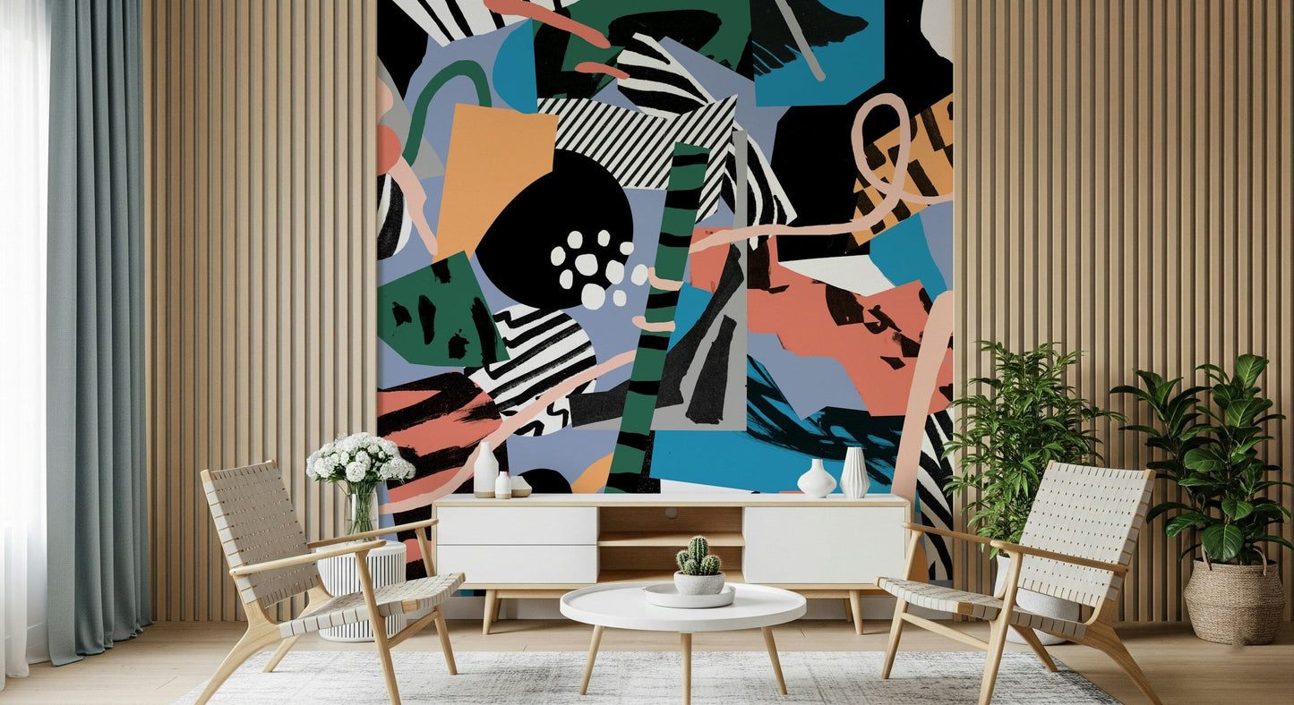 An artistic abstract shape mural on elegant wallpaper.

