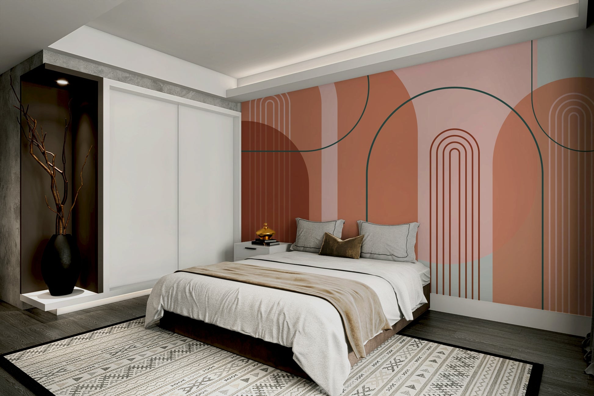 Modern Archways wallpaper mural in beige and rust arches above a bed in a warm minimalist bedroom