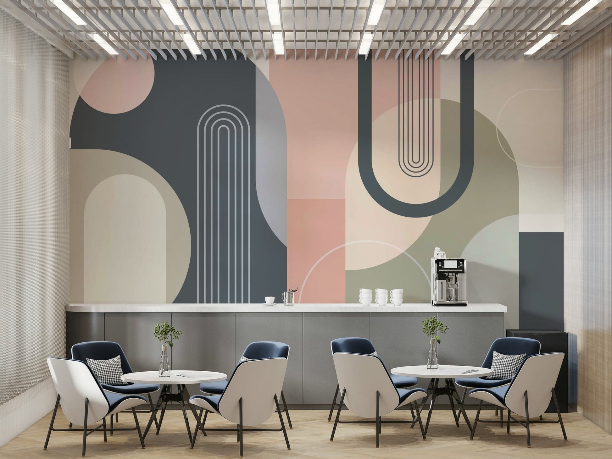 A wall mural of a geometric arcs pattern.


