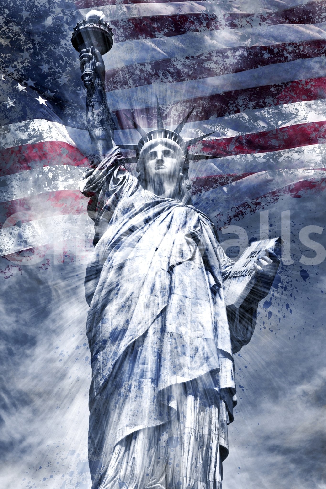 Powerful blue Statue of Liberty mural in modern design

