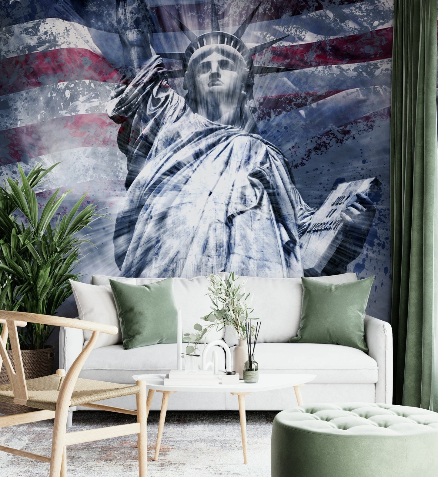 Blue-toned Statue of Liberty mural creating a dynamic effect

