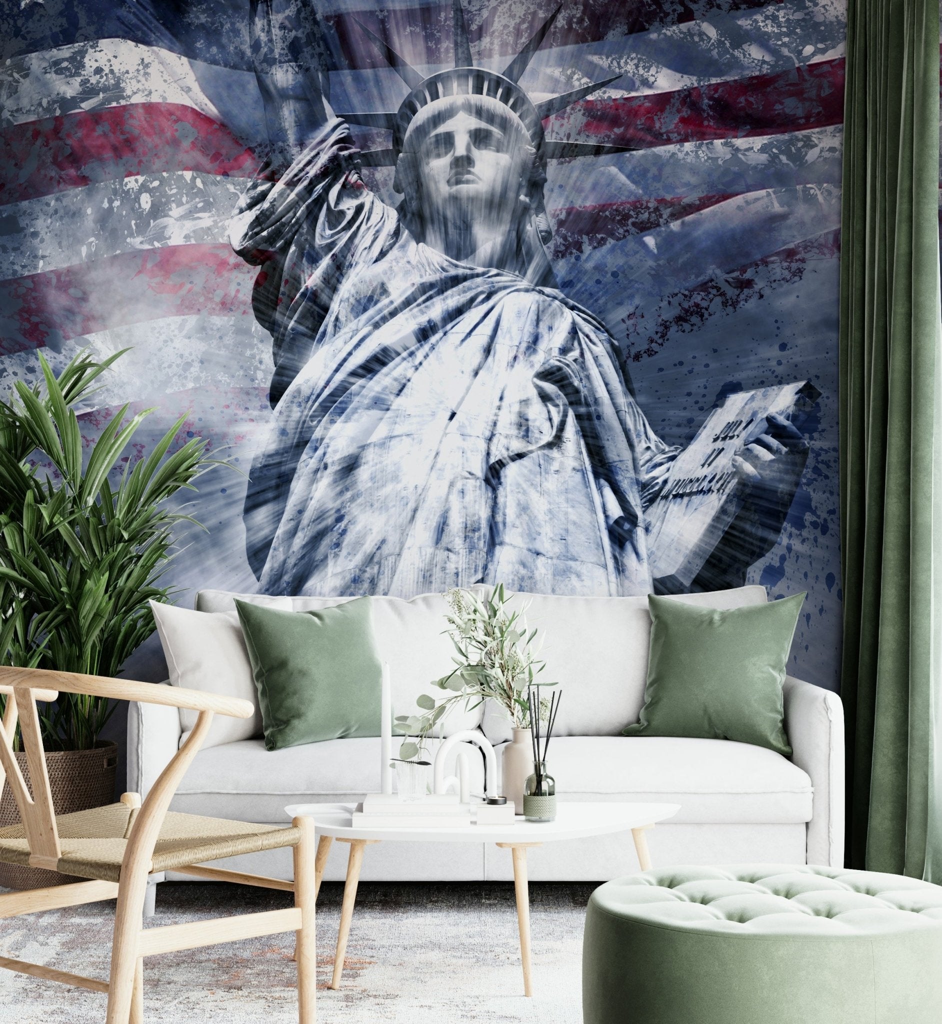 Blue-toned Statue of Liberty mural creating a dynamic effect

