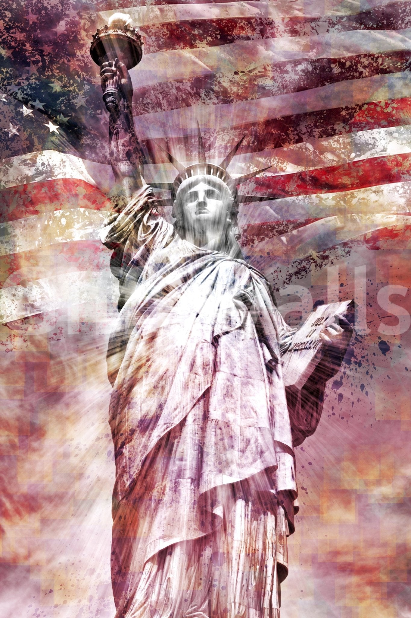 Bold modern art mural of Statue of Liberty in red

