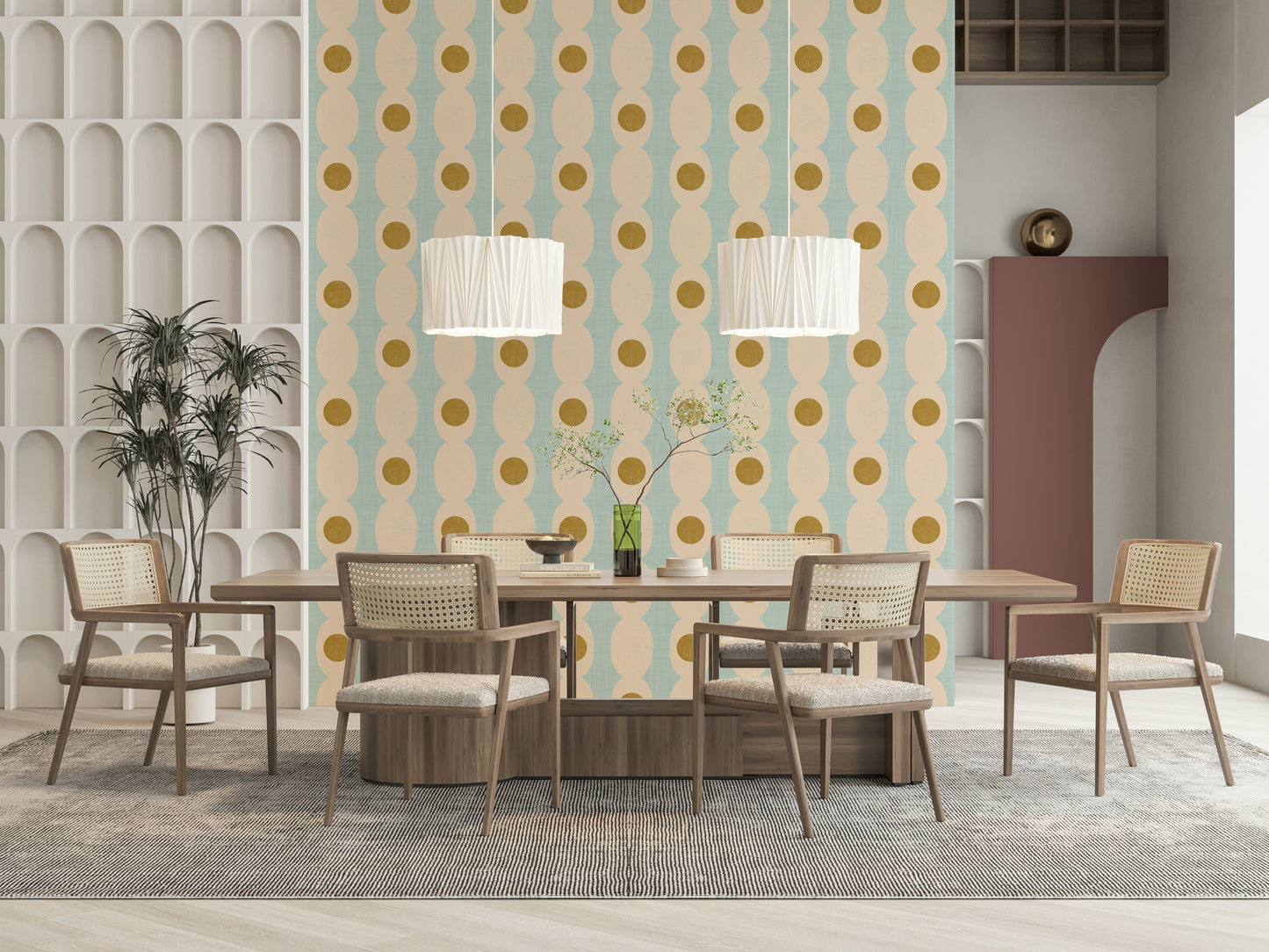 Minimal hourglass pattern wallpaper with subtle echoing forms.