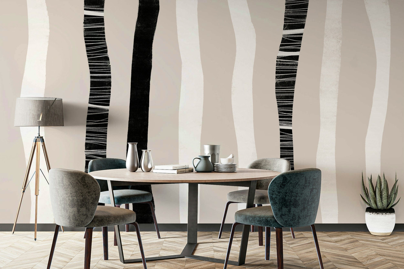 A graceful subtle tree wall mural in cool, natural tones.

