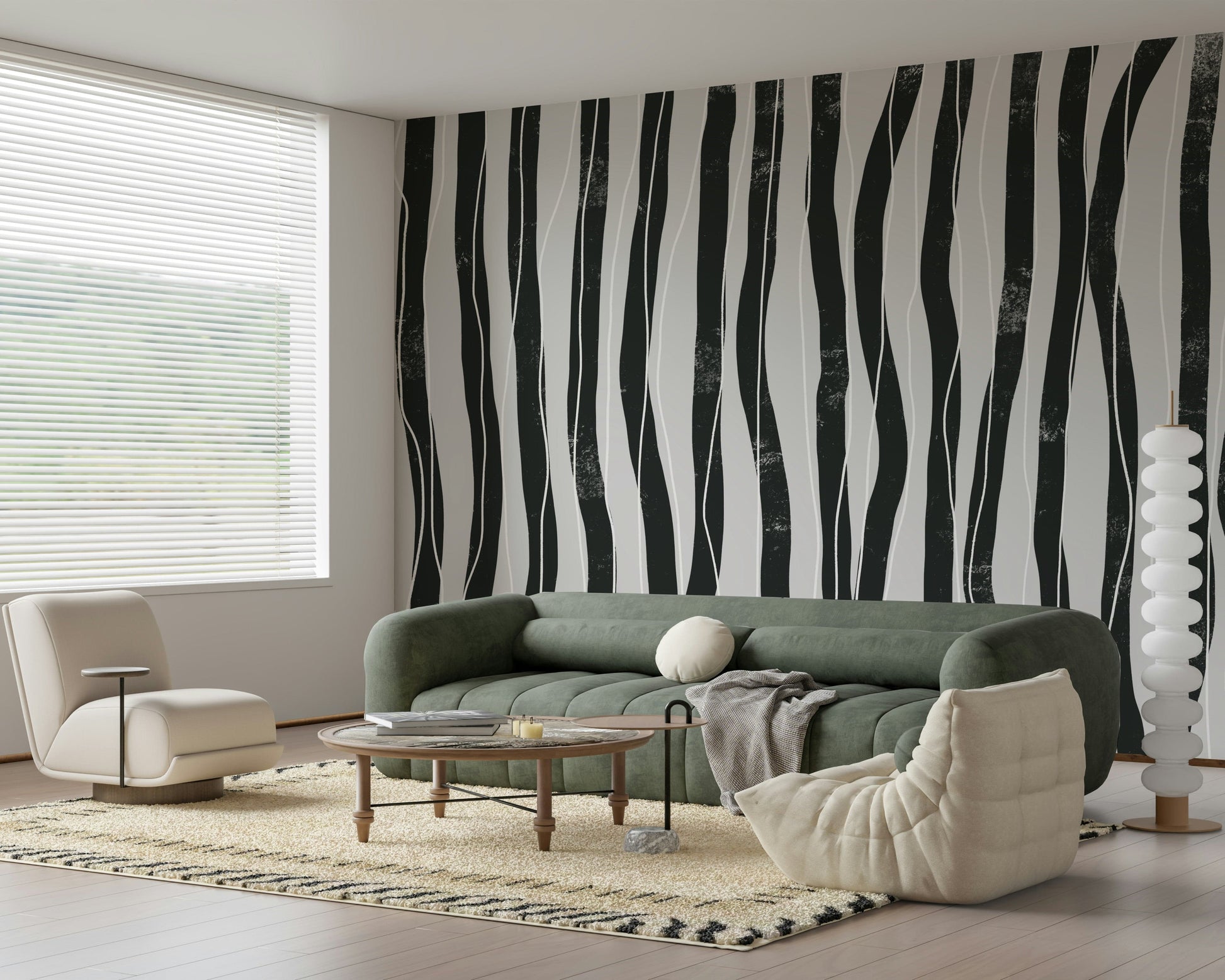 A calming abstract design wallpaper mural that defines a space.
