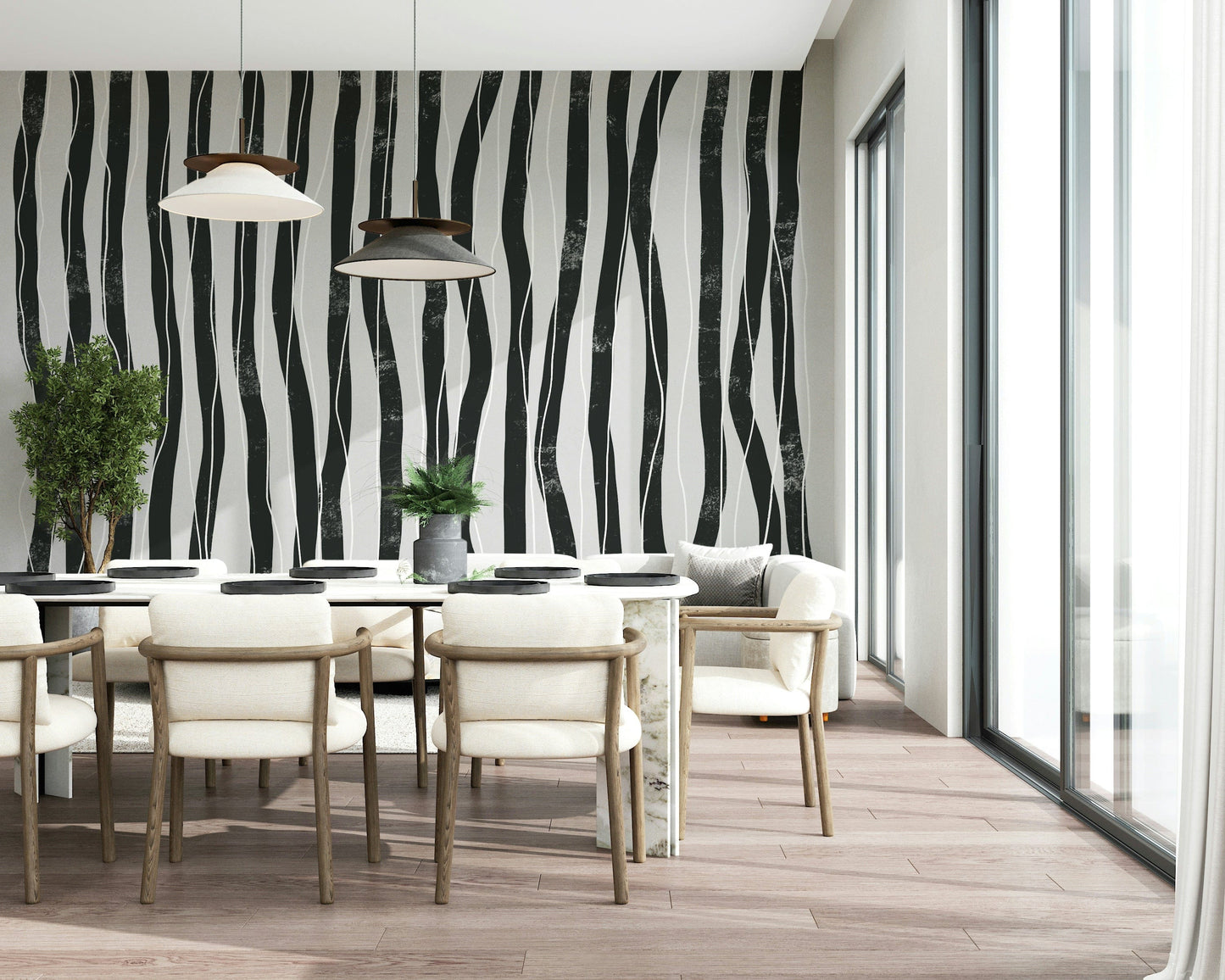 An artistic soft focus mural on minimalist wallpaper.