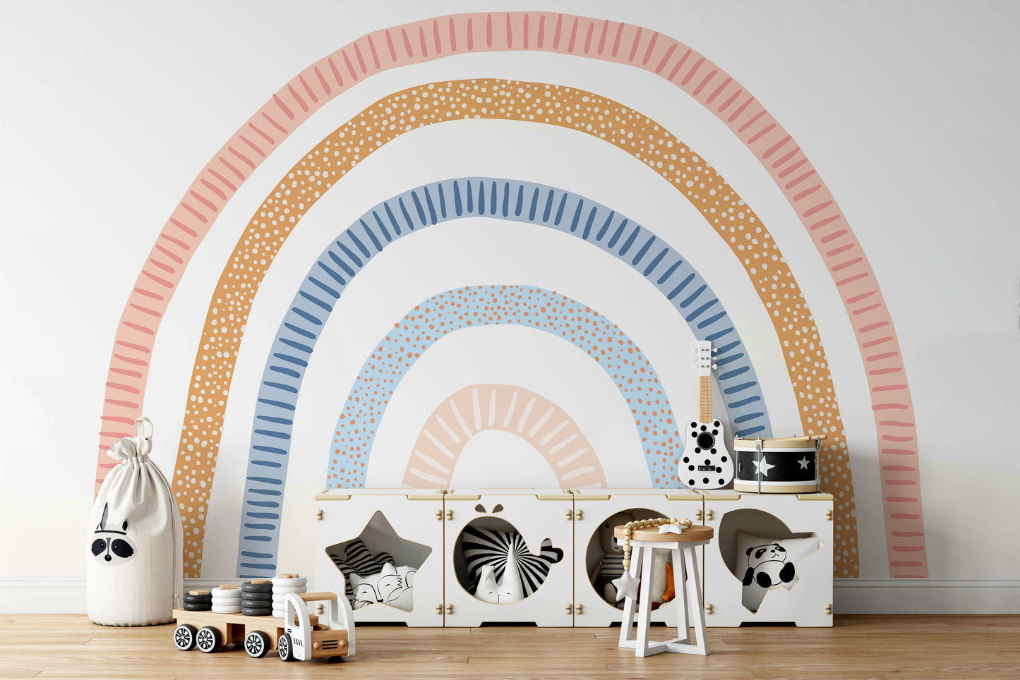 Cheerful rainbow mural in a light-filled bedroom


