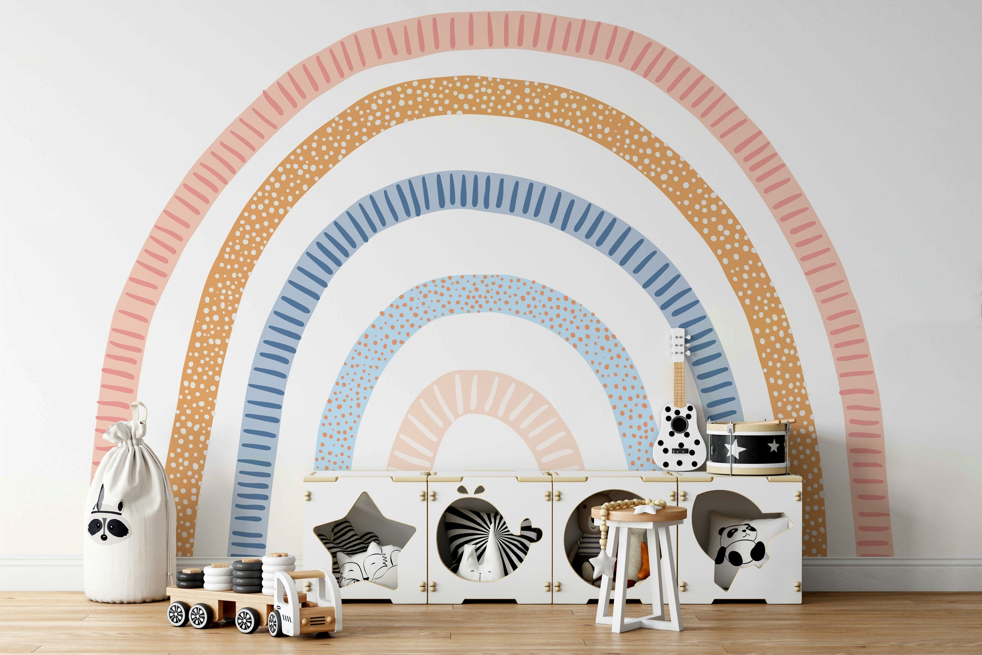 Cheerful rainbow mural in a light-filled bedroom

