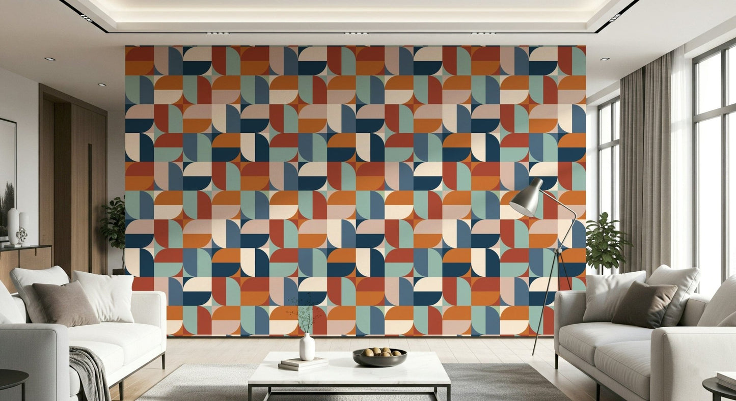 Retro geometric wallpaper in blue and coral